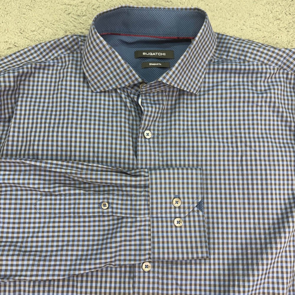 Bugatchi Button Down Shirt Mens L Blue Gingham Shaped‎ Fit Long Sleeve Plaid